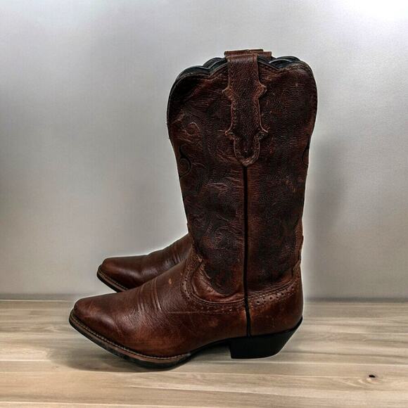 Justin Boots Girls 7 Brown Leather Western Cowboy Boots Pointed Toe Low Heel - Picture 4 of 11